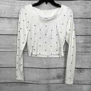 Reebok White Long Sleeve Crop Top Triangle Print, Size Small